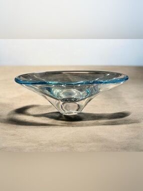 MCM Hand-blown Polish art glass console bowl with a blue rim.